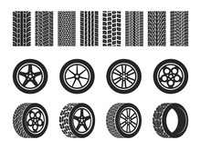 Wheel Tires. Car Tire Tread Tracks, Motorcycle Racing Wheels And Dirty Tires Track. Motocross Bike Trail, Vehicle Track Or Auto Race Tires. Vector Isolated Set