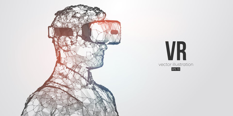 Wall Mural - vr headset holographic low poly wireframe vector banner. polygonal man wearing virtual reality glass