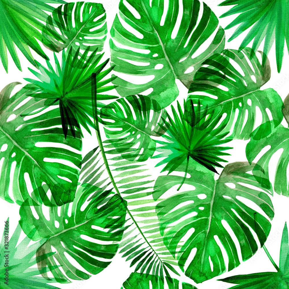 Tropical green beach summer palm leaf pattern set watercolor illustrated - obrazy, fototapety, plakaty 