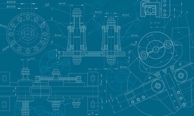 mechanical engineering drawing on blue background. sectioning objects with holes, ribs. technical dr
