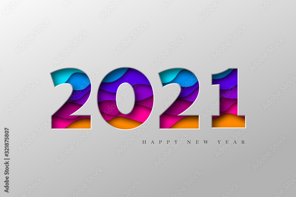 2021 New Year banner. Paper cut numbers with 3d bright colors wavy shapes. Minimal cover design. Template for Christmas flyers, greeting cards, brochures. Vector. - obrazy, fototapety, plakaty 