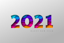 2021 New Year Banner. Paper Cut Numbers With 3d Bright Colors Wavy Shapes. Minimal Cover Design. Template For Christmas Flyers, Greeting Cards, Brochures. Vector.
