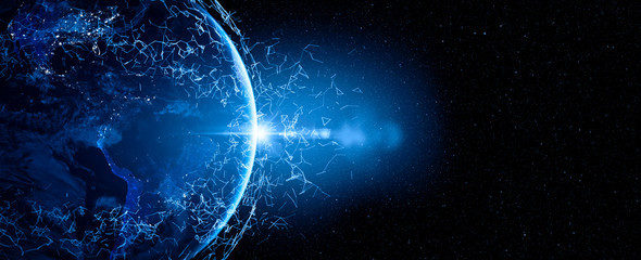 Leinwandbilder - Communication technology for internet business. Global world network and telecommunication on earth cryptocurrency and blockchain and IoT. Elements of this image furnished by NASA
