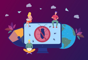 People on laptops and smartphones are testing new software. Search for the virus. Beta testing or testing of a new product, antivirus sale concept. Colorful vector illustration