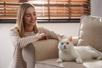 Sticker - Young woman petting her beautiful white cat at home. Fluffy pet