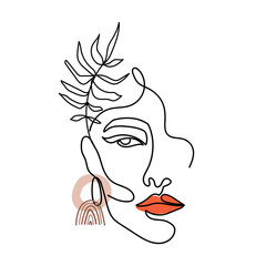 Wall Mural - Trendy abstract one line woman face with leaves and abstract shapes. Continuous line print for textile, poster, card, t-shirt etc. Vector fashion illustration.