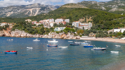 Sticker - Yachts, boats and picturesque coastline of the Bay of Kotor (Boka Kotorska), Montenegro.
