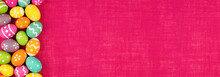 Colorful Easter Egg Banner With Side Border Against A Vibrant Pink Burlap Background. Above View With Copy Space.