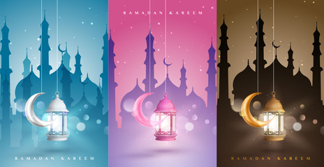 Wall Mural - Set of colorful ramadan kareem cover, poster, card with glowing lantern and mosque silhouette backdrop illustration vector