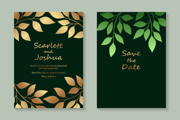 Set of luxury floral wedding invitation design or greeting card templates with golden branches and leaves on a green background.