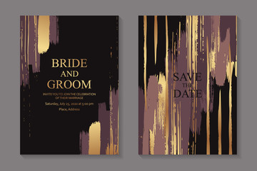 Set of modern grunge luxury wedding invitation design or card templates for business or poster or greeting with dark pink and golden paint brush strokes on a black background.