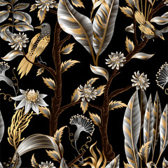 Seamless pattern with golden and metallic leaves, flowers and birds. Vector.