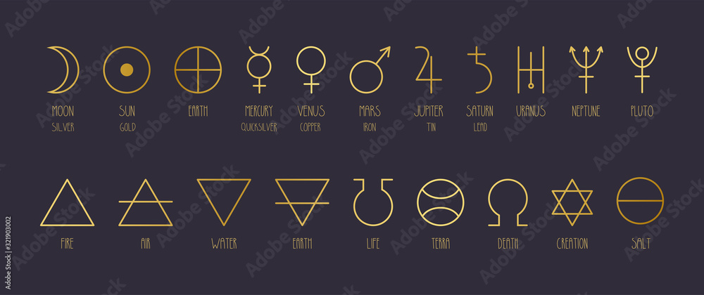 Hand-drawn vector set of alchemical symbols in golden gradient. - obrazy, fototapety, plakaty 