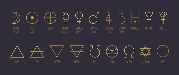 hand-drawn vector set of alchemical symbols in golden gradient.