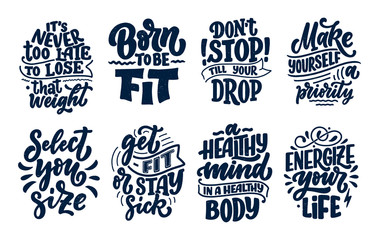 Abstract lettering set about sport and fitness for poster or print design. Healthy lifestyle. Modern calligraphy for business success concept. Handwritten letters. Typography funny quotes. Vector