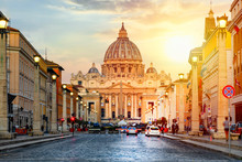 Sunrise View Of St Peter Basilica In Vatican City, Rome, Italy. Famous Roma Landmark