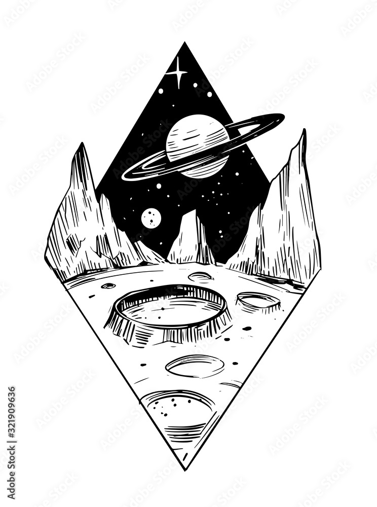 Space landscape.Galaxy scene. Black vector illustration with transparent background. Great for print, tattoo flash - obrazy, fototapety, plakaty 