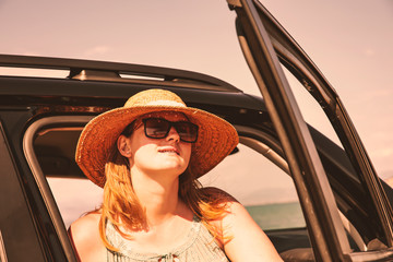 Poster - Summer car and woman with hat . 