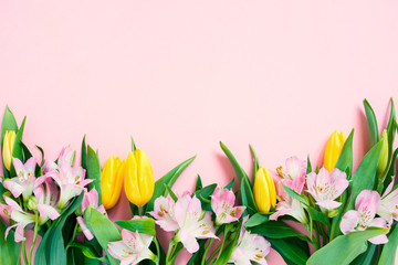 Wall Mural - Pink background with spring flowers, festive composition for spring holidays