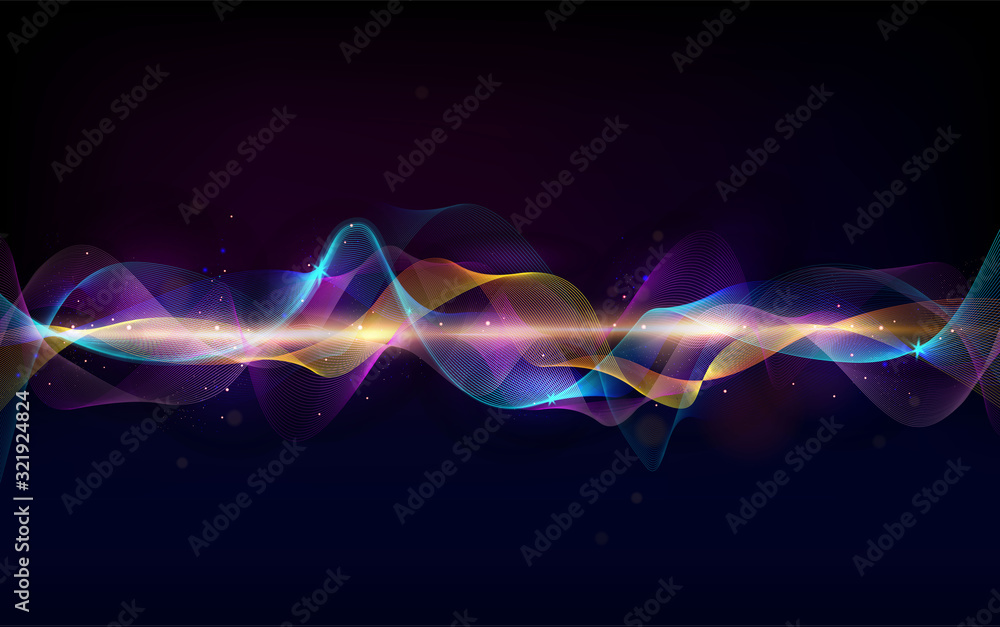 Abstract wave curve lines. Music abstract background. Equalizer for music. Dynamic colorful particles sound wave. Cool Sound Freque. Blurred abstract lights. Beautiful wave shaped array of glow. - obrazy, fototapety, plakaty 