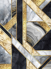 Wall Mural - abstract art deco background, modern mosaic inlay, texture of marble agate and gold minimalist geome