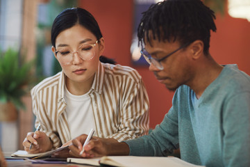 Wall Mural - portrait of two ethnic young people working on study project together while sitting at table in cafe