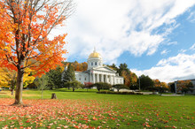 The Vermont State House With Colorful Foliage In Background.  Located In Montpelier, The House Is The State Capitol Of Vermont, In The United States. 