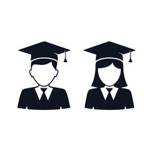 Graduate Student Girl And Boy In Square Hat Vector Icon. Female And Male In Mortar Hat And Graduation Academic Wear