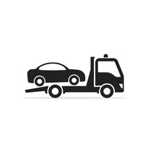 Tow Truck Icon, Towing Truck With Car Sign. Vector Isolated Flat Design Illustration