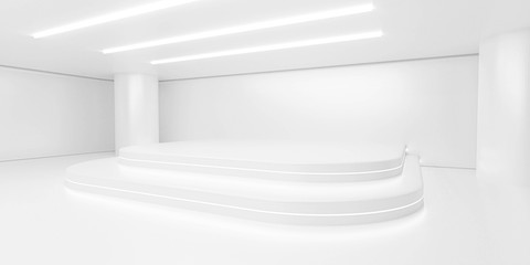 Wall Mural - abstract white background architecture glossy room 3d render illustration with showroom staircase podium