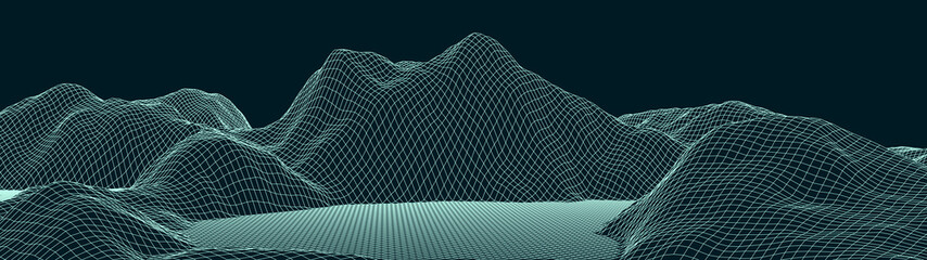 Vector wireframe 3d landscape. Technology grid illustration. Network of connected dots and lines on white background.
