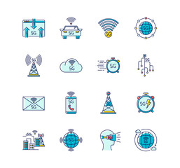 Poster - 5G wireless technology RGB color icons set. Mobile cellular network. Fast Internet connection. Messaging, data exchange. World standard. Isolated vector illustrations