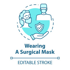 Wearing surgical mask concept icon. Contegious virus protection. Operation aid. Influenza prevention idea thin line illustration. Vector isolated outline RGB color drawing. Editable stroke