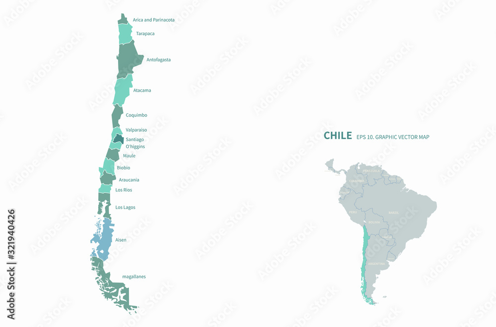 graphic vector of chile map. latin america countries map. south america. santiago map. - obrazy, fototapety, plakaty 