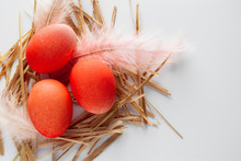 Orange Easter Eggs And Feathers In A Nest On A White Background.