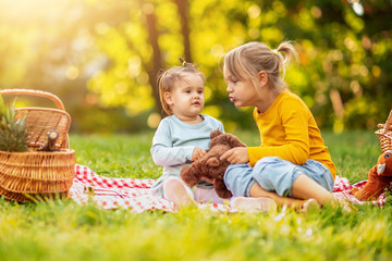 Canvas Print - Two cheerful sisters playing in the park on summer day