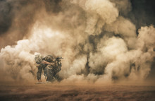 Military Soldier Making Contact With Command Center Between Smoke In Battle Field