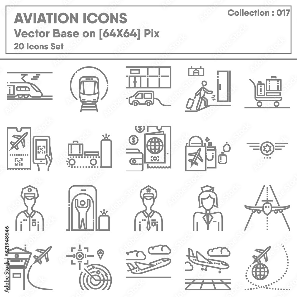 Transportation and Aviation Airport Icon Set, Icons Collection of Transport Airline for Business Travel Service. Infographic of Passenger Aircraft and Terminal, Vector Illustration Design. - obrazy, fototapety, plakaty 