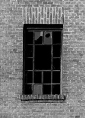 Wall Mural - Grey-scale shot of the broken windows of an old building