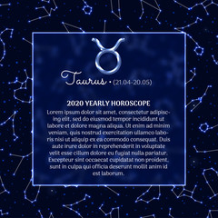 Wall Mural - Taurus astrology horoscope prediction for 2020 year. Luminous zodiac sign on blue background. Taurus star sign, dates of birth and personality traits. Mystical vector design of horoscope constellation