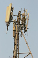 a low angle view of a GPS antenna equipped with wireless technologies and associated with EMF pollution. Copy space as background