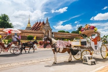 Tradition Horse Drawn Retro Carriage For Traveler In Front Of Wat Phra That Lampang Luang, Attraction Famous Landmark Tourist Travel Lampang Thailand Vacation Trip, Tourism Beautiful Destinations Asia