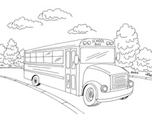 School Bus Graphic Black White Street Landscape Sketch Illustration Vector