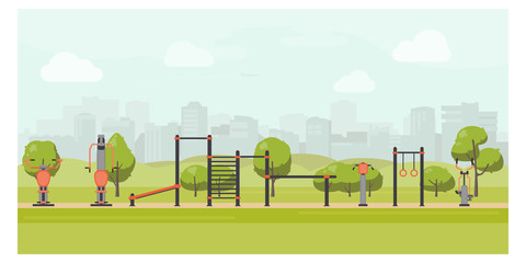 Wall Mural - Urban park landscape flat illustration with street workout zone. Sport playground, outdoor gym equipment. Stock vector.