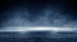 © MiaStendal - Dark street, wet asphalt, reflections of rays in the water. Abstract dark blue background, smoke, smog. Empty dark scene, neon light, spotlights. Concrete floor