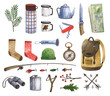 Watercolor set of camping and hiking equipment, outdoors adventure, recreation tourism. Isolated items needed in the journey.