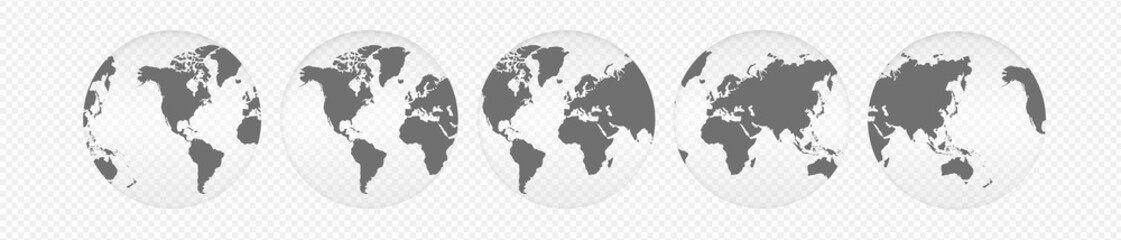 Wall Mural - Realistic World Map On Globe Shape With Transparent Shadow Isolated With Clipping Path. Globes of Earth. Blue Planet Icon Symbols.