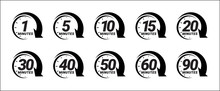 Minute Timer Icons Set. One Minute, Five, Ten, Fifteen Or More Minutes. The Arrow Shows The Limited Cooking Time Or Deadline. Vector Illustration
