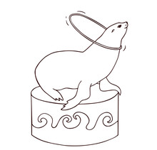 Seal Spinning Hula Hoop In Outline Style, Vector Illustration Of Circus Eared Seal Isolated On White Background, Coloring Page For Children