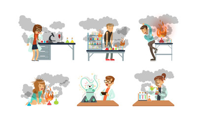 Sticker - Collection of Young Scientist After Failed Experiments, Schoolchildren Experimenting in Science Laboratory Vector Illustration